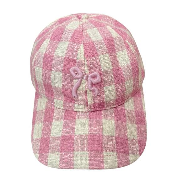 The Hong BA Accessories - Pink and White Gingham Check Baseball Cap Pink Embroidered Bow Girl Mom Country